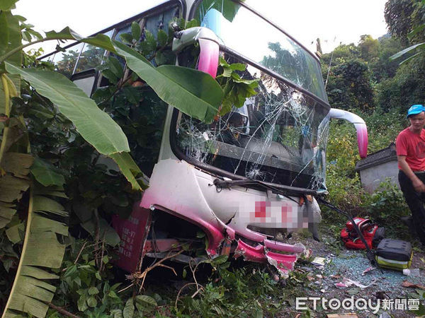 ▲台南市楠西區灣丘里香蕉山梅嶺路上188縣道，下午發生遊覽車衝撞邊坡，車上連同司機21人，其中司機及8名乘客共9人受傷送醫。（圖／記者林悅翻攝，下同）