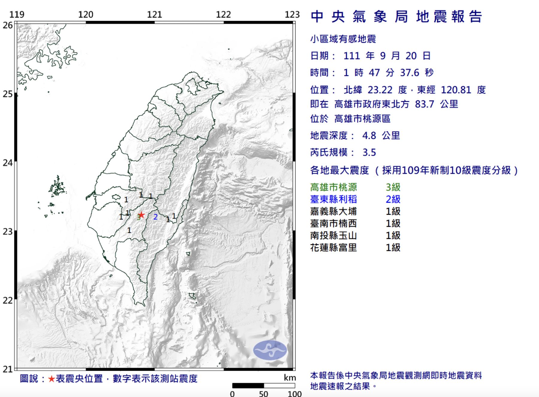 ▲▼高雄桃源區凌晨1:47發生規模3.5地震　最大震度3級。（圖／氣象局）