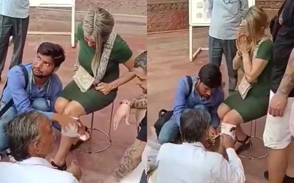 印度猴又咬人！女遊客在泰姬瑪哈陵拍照　左腿被咬爆血畫面曝光。（圖／翻攝自Twitter）