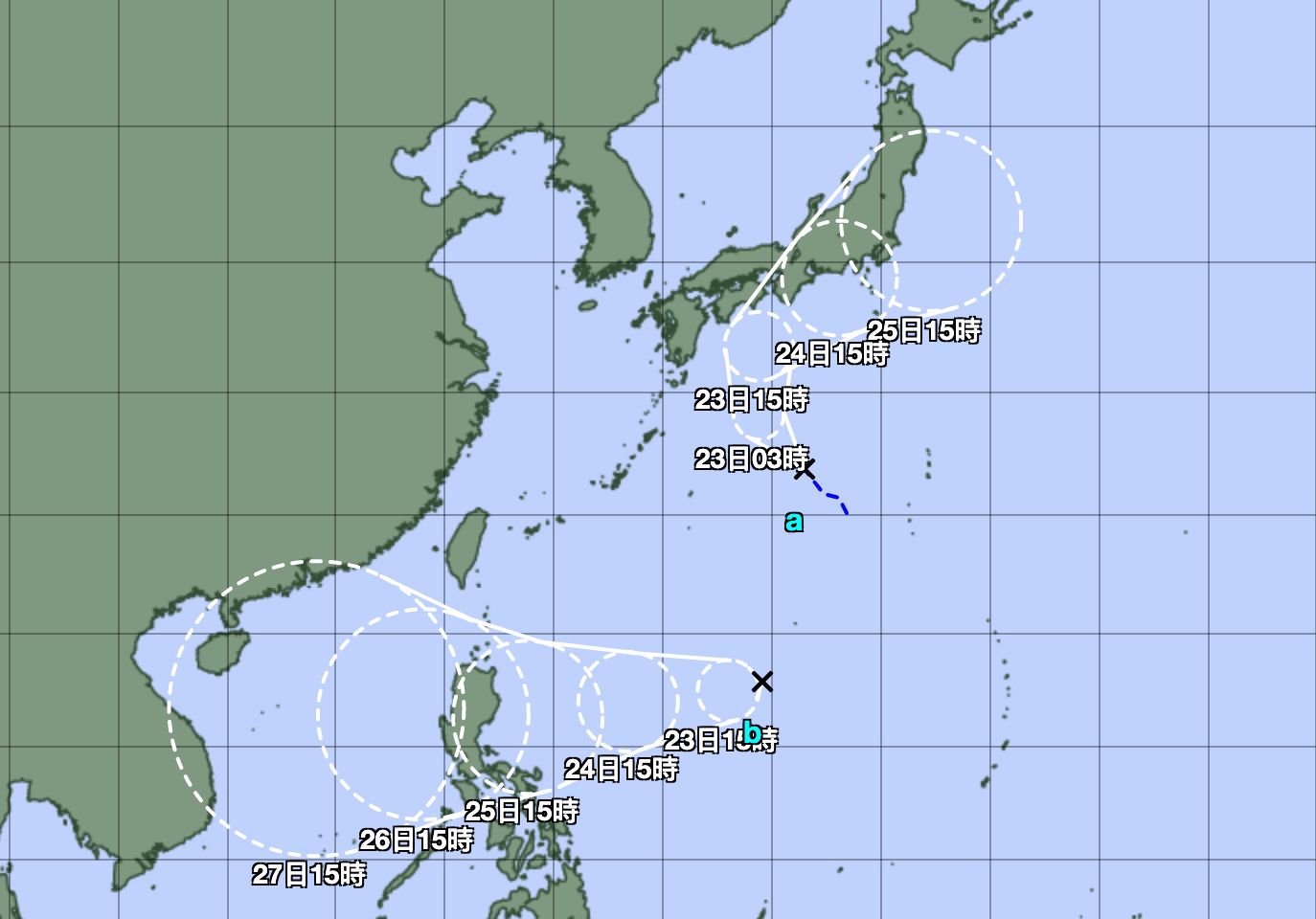 ▲海上有兩大熱帶低壓。（圖／翻攝自日本氣象廳）