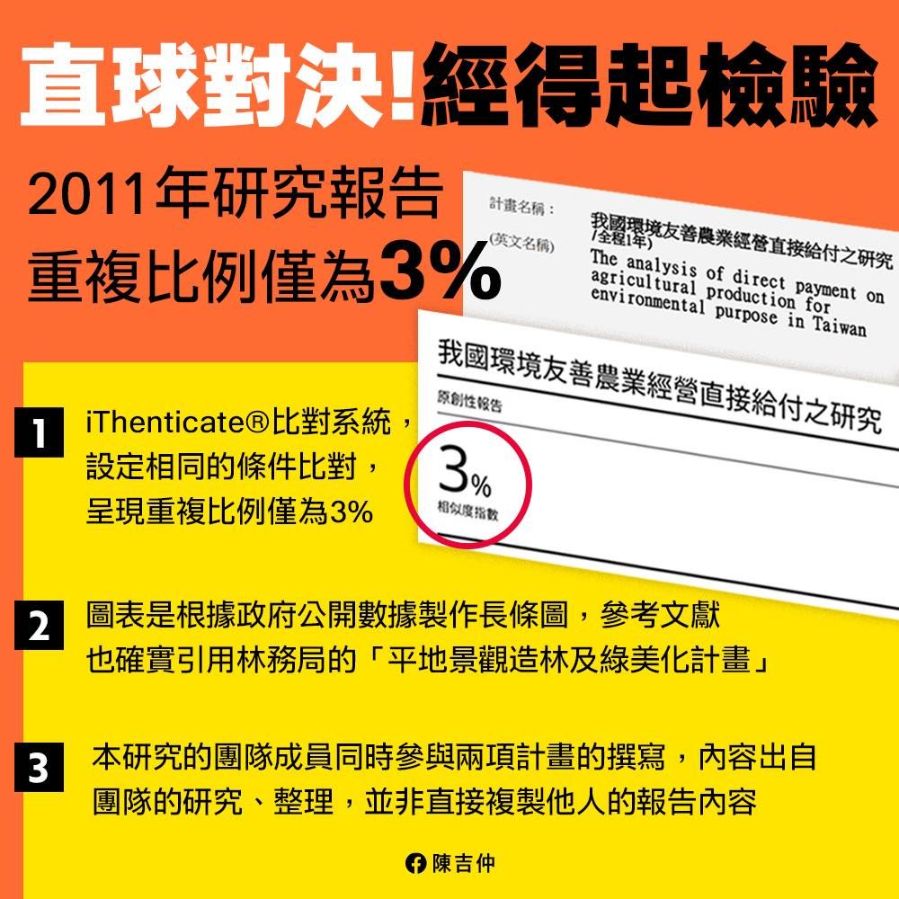 ▲▼陳吉仲被控抄襲後「直球對決」，今早在臉書PO文反擊自清「重複比例僅3%」，和張善政不同。（圖／摘自陳吉仲臉書）