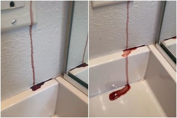 ▲▼美國網友發現浴室牆壁突然「滲血」。（圖／翻攝TikTok@lexyraye）