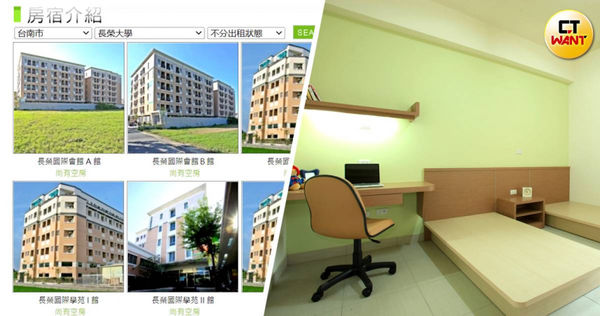 長榮大學附近有不少建商投資整棟的學生套房宿舍，網站上顯示還有不少空房待租。（圖／截自臺邦租賃官網）