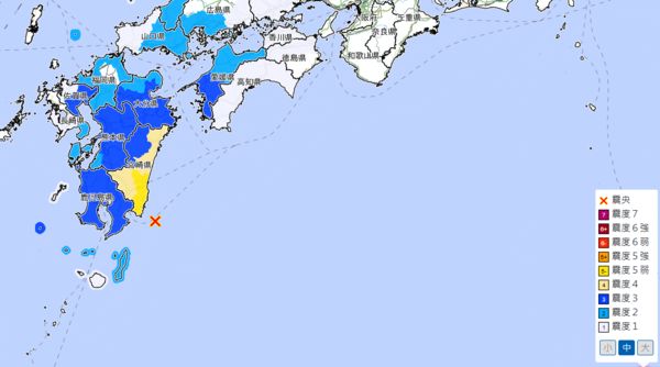 ▲▼日本宮崎縣發生「規模5.8地震」，最大震度5弱。（圖／翻攝自日本氣象廳）