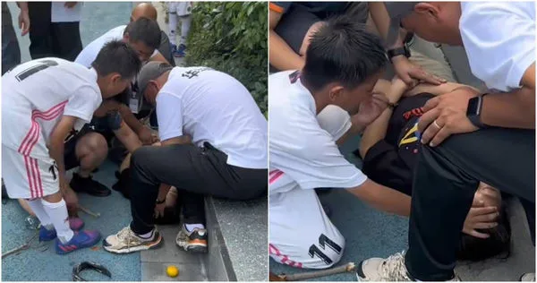 大陸一名母親突然昏倒在地，兒子著急狂喊「媽媽」試圖喚醒母親。（圖／截自「人民日報」抖音）