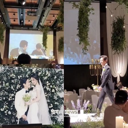 ▲婚禮公開南宮珉求婚影片還有婚紗照。（圖／翻攝自SPOTV NEWS）