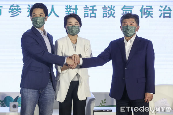 ▲蔣萬安、黃珊珊、陳時中於2022台灣氣候行動博覽會同台。（圖／記者林敬旻攝）