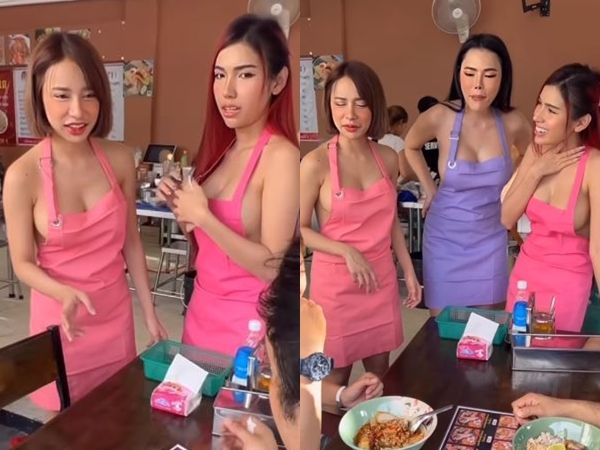 ▲▼泰國河粉店3名女店員圍裙下什麼都沒穿，炸出渾圓大奶。（圖／翻攝自IG／@djbarbiemozz）