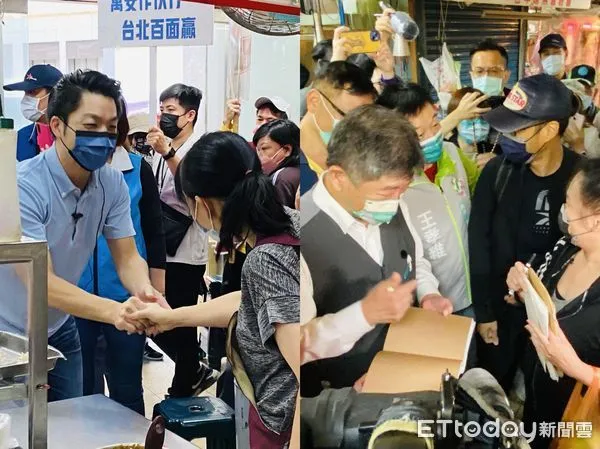 ▲▼    蔣萬安、陳時中相隔一小時到南港成德市場掃街         。（圖／記者崔至雲攝）