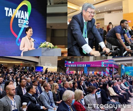 ▲經濟部長王美花在典禮致詞(左上圖)；前副總統陳建仁訪台灣精品館做現場體驗(右上圖)。下圖為現場座無虛席盛況（圖／貿協提供）