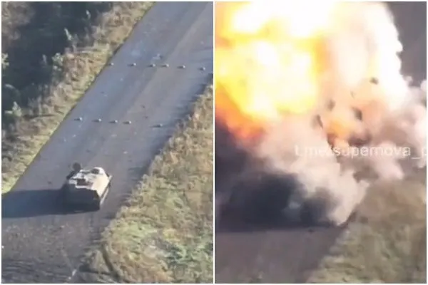 ▲俄軍坦克直接輾過一排地雷。（圖／翻攝推特）