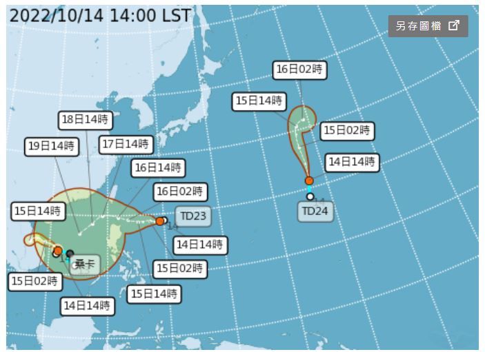 ▲海上有3個熱帶性低氣壓，可能接連生成「桑卡」、「尼莎」以及「海棠」颱風。（圖／氣象局）