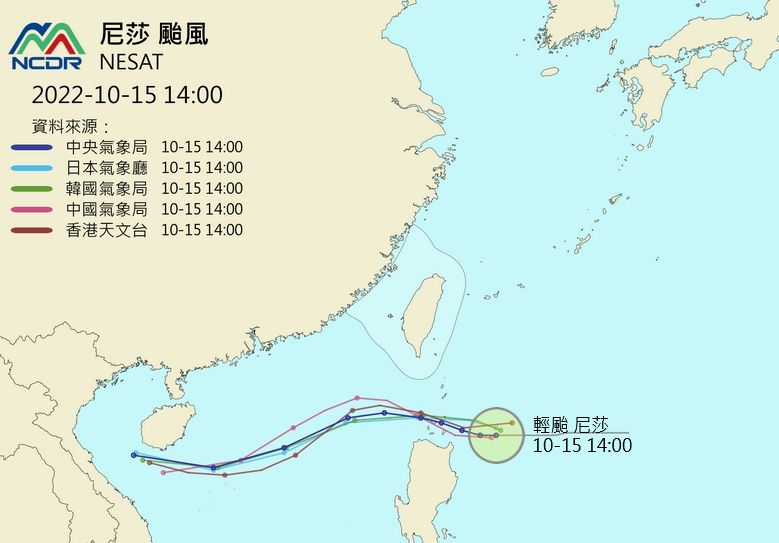 ▲▼「尼莎」颱風路徑，各國氣象單位預測。（圖／翻攝NCDR／國家災害防救科技中心）