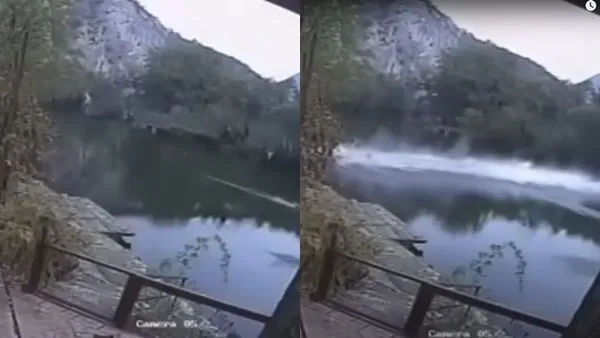 ▲▼塞爾維亞一座橫跨峽谷兩端的木橋突然倒塌。（圖／翻攝自YouTube@Mrcajevci Info）
