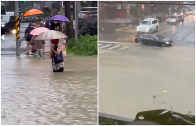 尼莎挾豪雨狂炸汐止！「馬路變汪洋」淹到屁股　駕駛嚇壞急掉頭