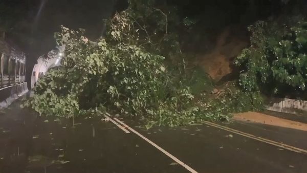 ▲尼莎颱風外圍環流襲台、內湖地區多處積水、康湖隧道旁路基坍塌。（圖／記者張君豪翻攝）