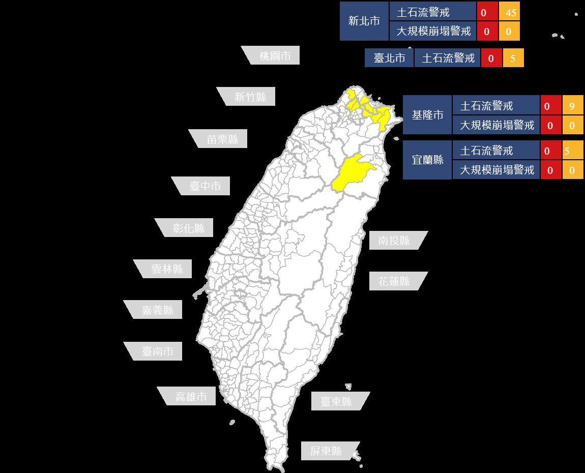 ▲水保局持續針對台北、新北、宜蘭、基隆等縣市發布土石流警報。（圖／農委會水保局提供）