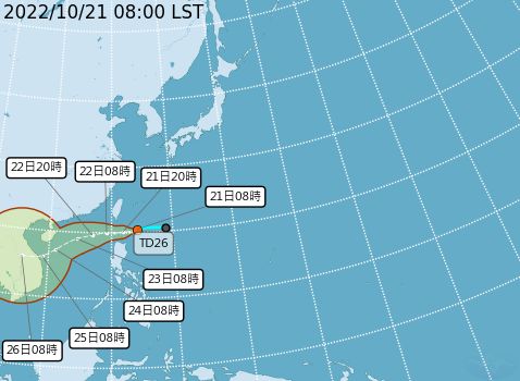 ▲▼熱帶性低氣壓TD26最新路徑。（圖／氣象局）