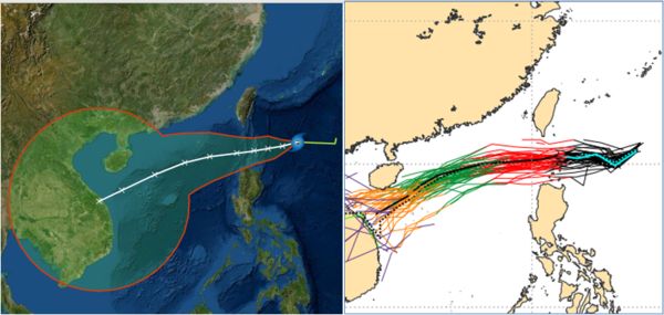 ▲▼左圖：中央氣象局21日2時「路徑潛勢預測圖」顯示，熱帶低壓在台灣東南東方海面，向西移動，將穿過巴士海峽，轉西南西、往南海前進；強度逐漸增強。右圖：20日20時歐洲模式(ECMWF)系集模擬顯示，週六至下週一(22至24日)熱帶低壓通過巴士海峽，轉西南西、往南海前進；路徑與左圖類似。。（圖／三立準氣象· 老大洩天機）