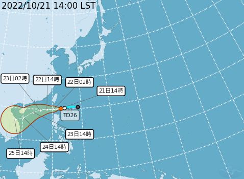 ▲▼熱帶低氣壓TD26最新路徑。（圖／氣象局）