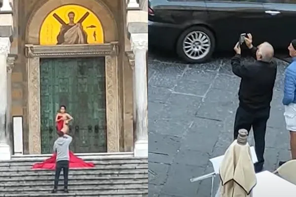 ▲▼加拿大網紅可洛絲在千年教堂外全裸擺拍，吸引路人大叔興奮圍觀拍照。（圖／翻攝自YouTube／Positanonews TV）