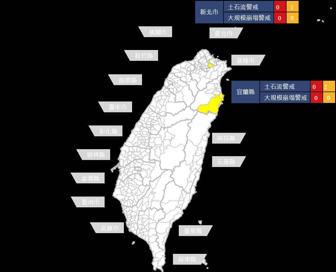 ▲農委會水保局針對宜蘭、汐止發布土石流警戒。（圖／水保局提供）