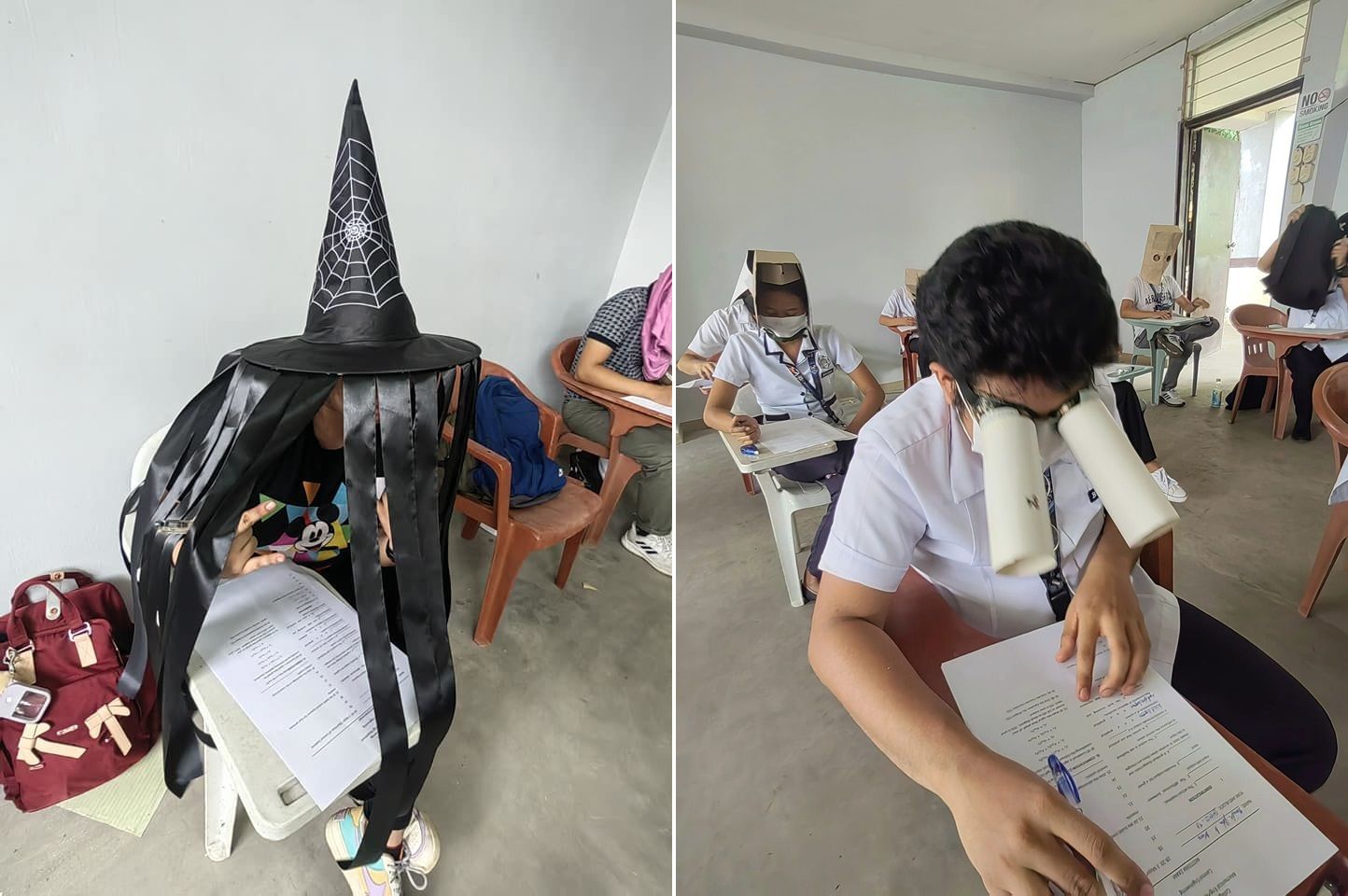 ▲菲律賓一位大學教授為防止作弊，讓學生們頭戴「防作弊帽」參加考試。(圖／翻攝自Facebook／Mandane-Ortiz R Mary Joy)