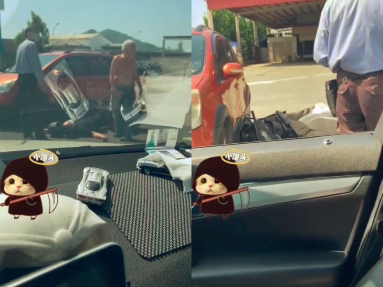▲▼休旅車開出加油站&hellip;遭直行機車衝撞　男騎士雙手倒地昏迷。（圖／翻攝社會事新聞影音）