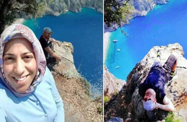 ▲▼40歲土耳其男子哈坎（Hakan Aysal）以自拍為藉口，將32歲孕妻賽姆菈（Semra Aysal）引誘到風景區懸崖，再趁四下無人將她推落崖下殺害。（圖／翻攝自推特）