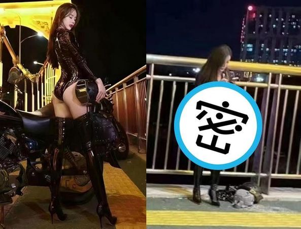 網友在天橋偶遇網美拍照，照片角度不同，拍出兩種不同評價。（翻攝社團「爆廢公社公開版」）