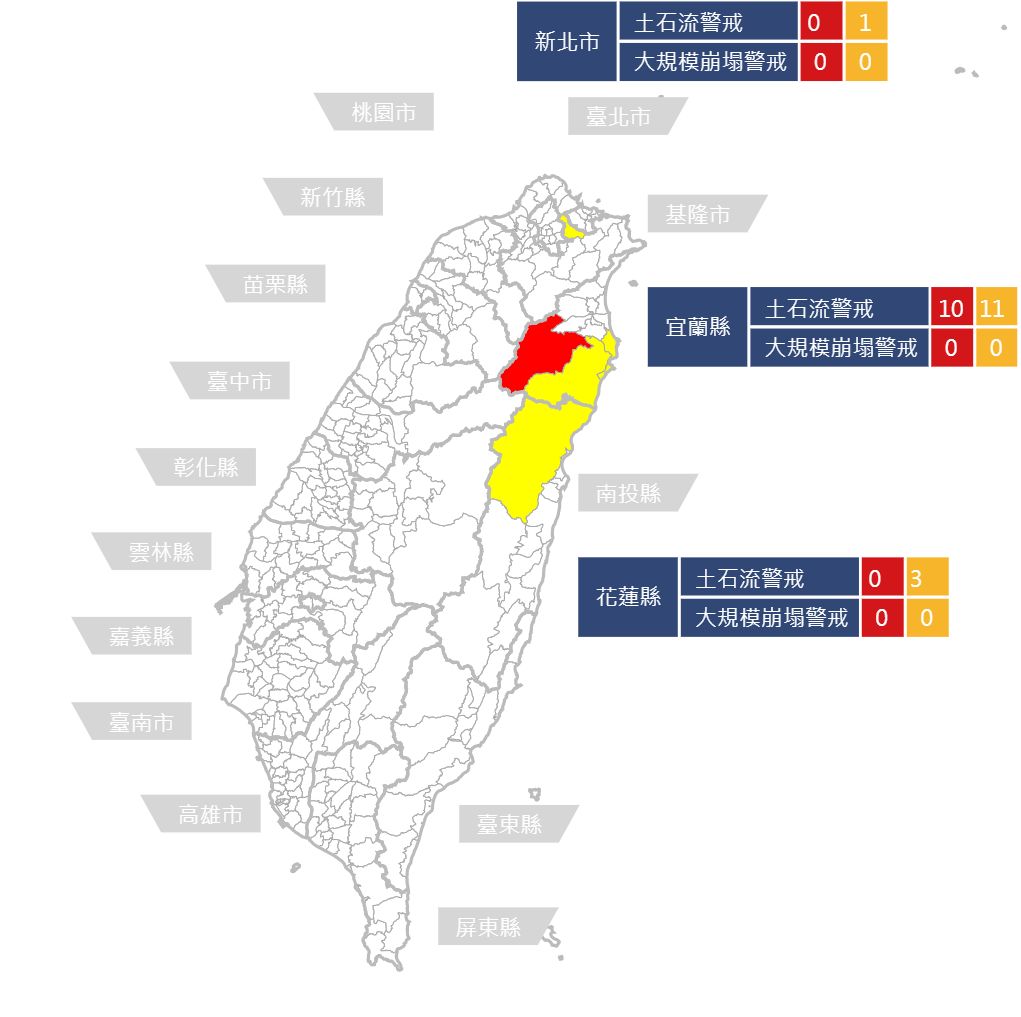 ▲水保局針對新北、宜蘭、花蓮發布土石流警戒。（圖／農委會水保局提供）