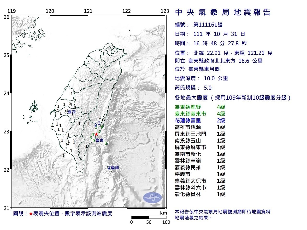 快訊／台東規模5.0地震　最大震度4級