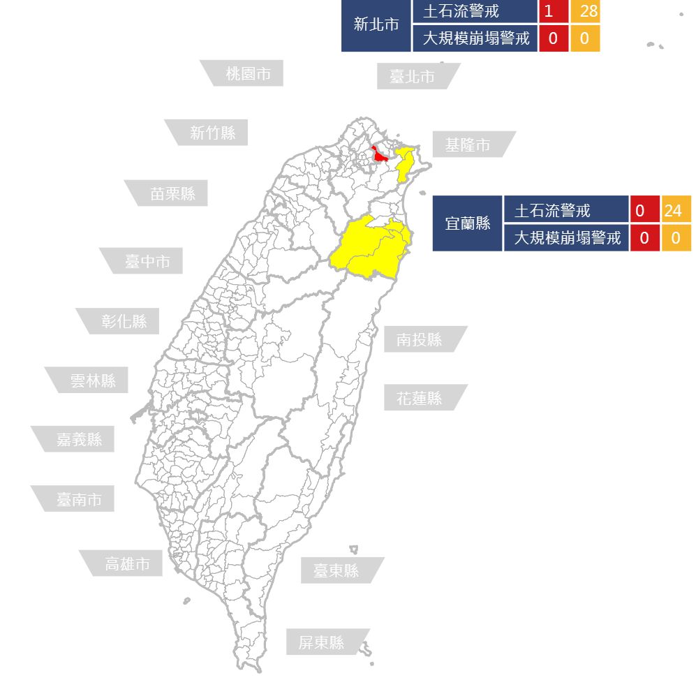 ▲水保局持續針對新北市、宜蘭縣發布土石流警報。（圖／農委會水保局提供）