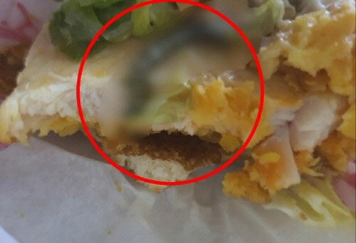 ▲▼南韓民眾在麥當勞吃漢堡時，發現裡面竟含有一條細長的蟲。（圖／翻攝自韓網）