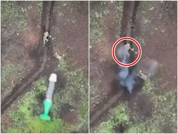 ▲▼據信是烏克蘭人員操縱的無人機，對壕溝中的一名俄兵3度投擲小型榴彈。（圖／翻攝自YouTube）