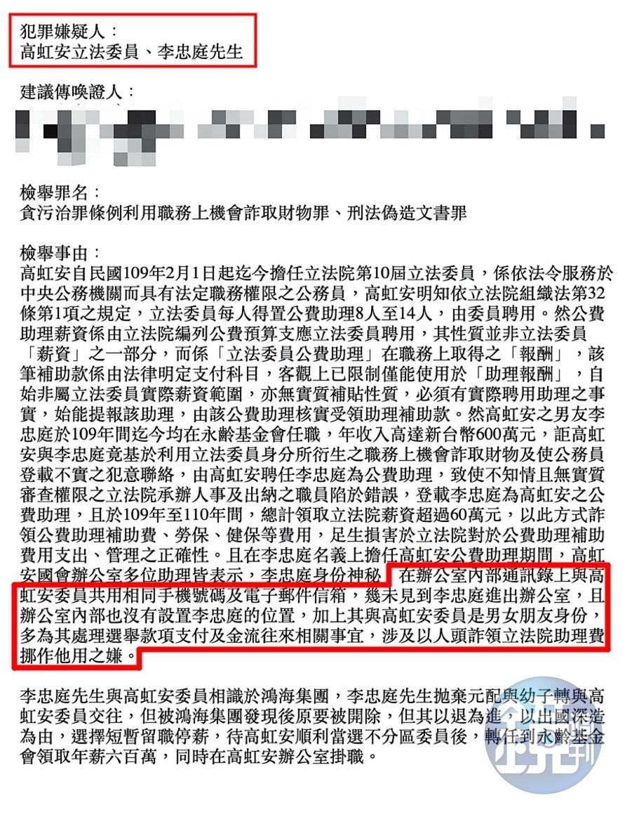 吹哨者在檢舉函二裡指控，高虹安涉嫌以人頭詐領立院助理費挪作他用。（吹哨者提供）