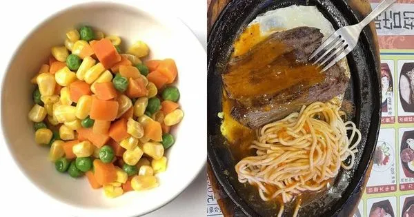 一名網友到牛排館享用菲力牛排，品質卻不如預期，更因沒有三色豆讓他氣炸。（翻攝自PhotoAC、靠北餐廳2.0）