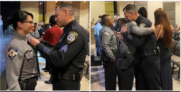 ▲▼22年前從毒窟中被救出來的女嬰楊（Natalie Young）現在成為一位警官，並且找到當年改變她命運的警官，為她別上警徽。（圖／翻攝自Facebook／Escondido Police Department）