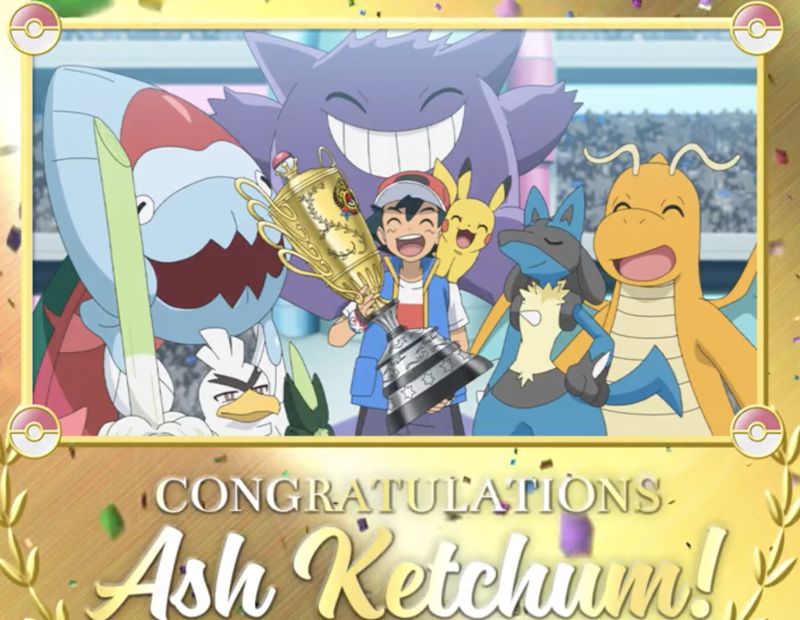 《精靈寶可夢》動畫中的主角小智，終於成功勇奪世界冠軍的寶座。（翻攝自Pokémon官方推特）