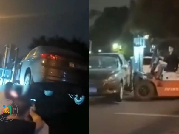 ▲▼私人車位被停1整天！他叫堆高機鏟起「丟入河中」：賠得起。（圖／翻攝極目新聞）