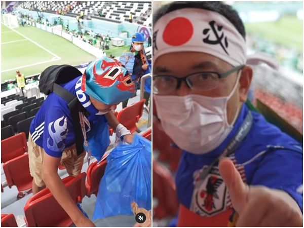 ▲▼日本球迷在卡達世足賽開幕戰結束後，自主留下來清理觀眾席看台，獲得盛讚。（圖／翻攝自IG／omr94）