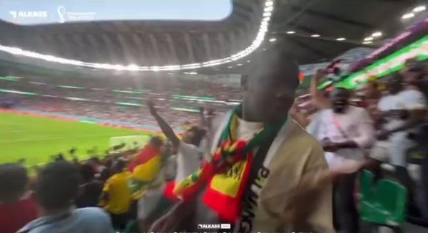 ▲▼迦納球迷對著3名南韓球迷慶祝進球。（圖／翻攝自推特／@KRUEGERXVI）