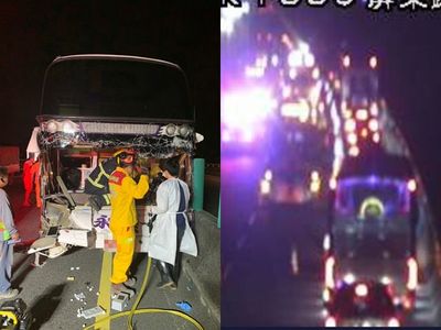 快訊／國3追撞大貨車！遊覽車「擋風玻璃」全毀　23乘客被送走