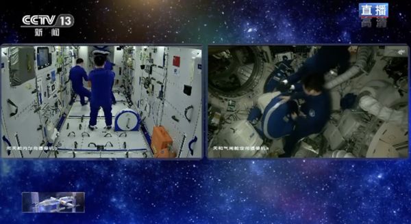 ▲大陸6名太空人完成首次太空交接。（圖／翻攝央視）