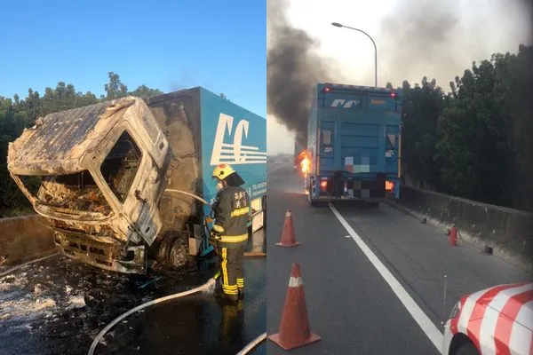 ▲▼引擎突故障起火！國1大貨車火燒車狂竄濃煙，駕駛急逃慘況曝。（圖／記者賴文萱翻攝）