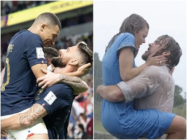 ▲▼法國2名前鋒吉魯（Olivier Giroud）和姆巴佩（Kylian Mbappe）在世足賽場上深情相擁對望的一幕被網友瘋傳，還被拿來與經典電影《手札情緣》的浪漫吻戲做對照。（圖／翻攝自推特@equipedefrance、@BeardedGenius）