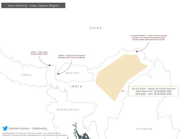 ▲▼印度空軍將在「藏南地區」軍演，畫設一大片禁航區。（圖／翻攝自@detresfa_）