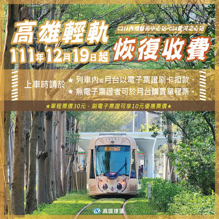 ▲高雄輕軌美術館路段將於12月19日起恢復收費。（圖／高雄捷運公司提供）