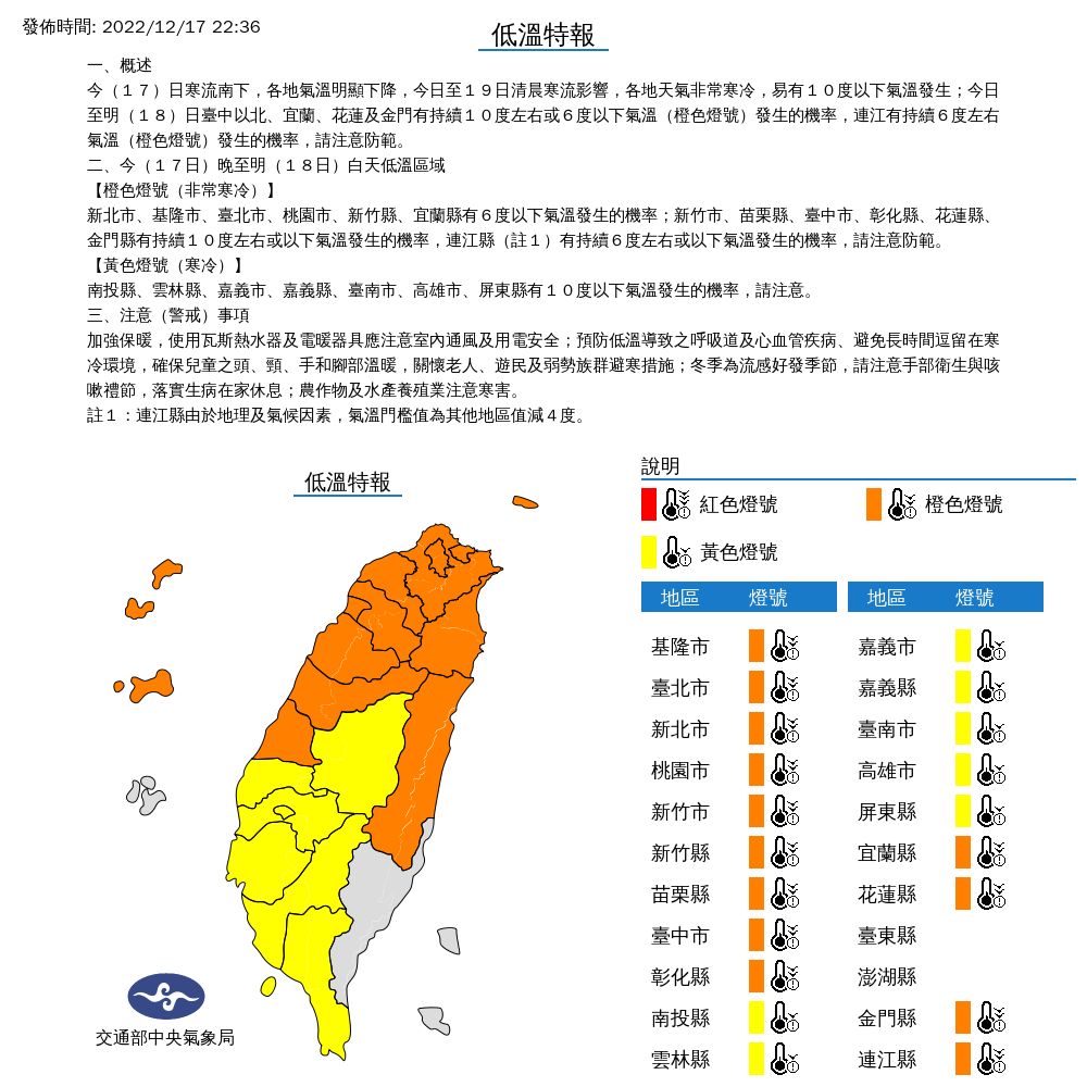 ▲中央氣象局針對20縣市發布低溫特報。（圖／氣象局）