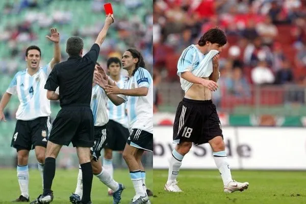 ▲▼梅西在阿根廷國家隊的處女秀，上場不到2分鐘就吃下一張紅牌，被罰下場。（圖／翻攝自推特）